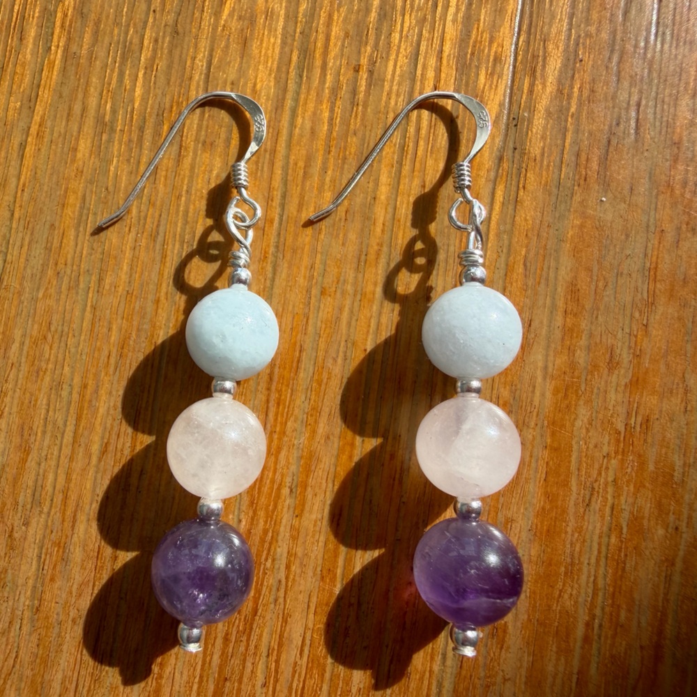 Amethyst, Rose Quartz & Aquamarine Handmade Earrings 925 Sterling Silver Hooks - Picture 4 of 6